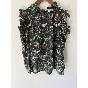 Jude Connally Floral Blouse Green Smocked High Neck Top Womens Size M Casual